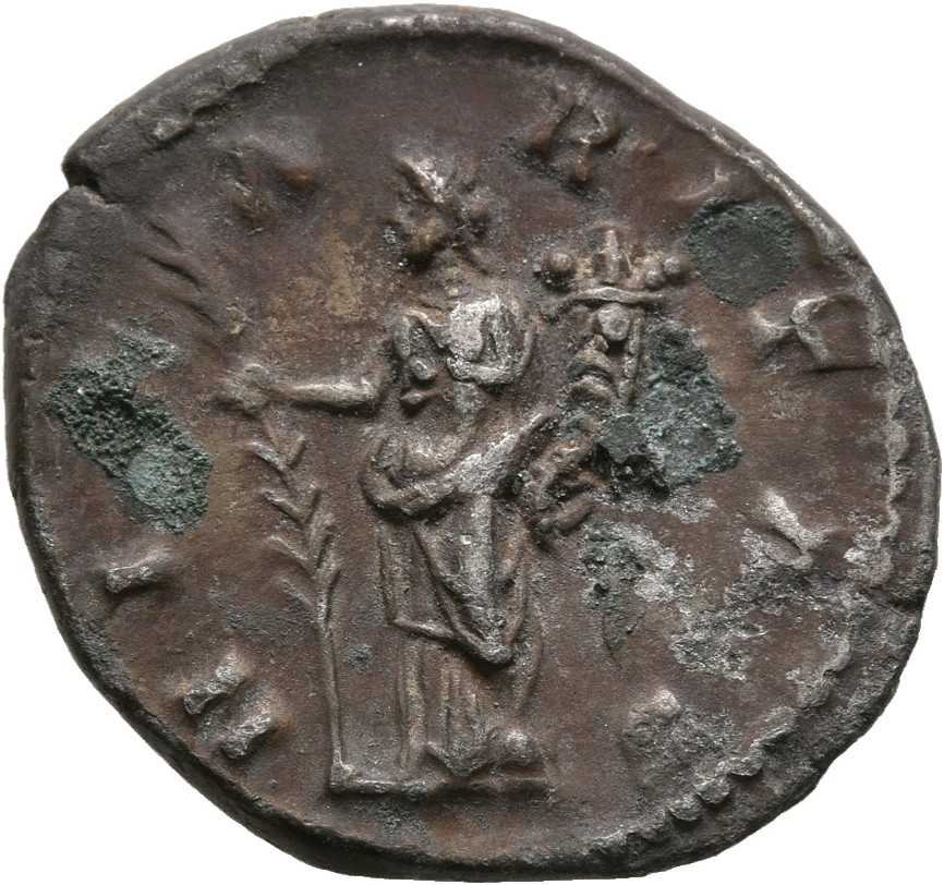RIC III Marcus Aurelius 611 Marcus Aurelius reverse, Hilaritas, draped, standing front, head left, holding long palm, upri...