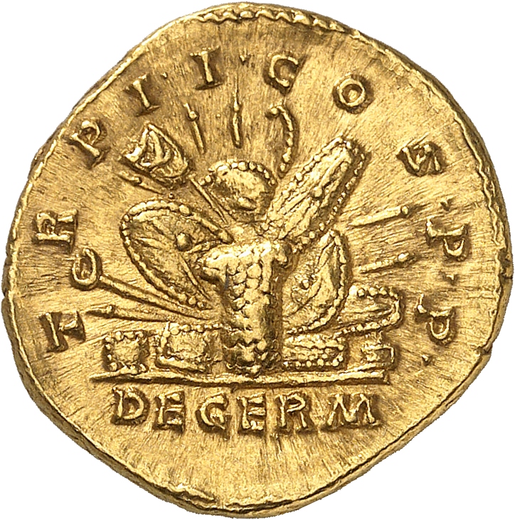 RIC III Marcus Aurelius 633 Marcus Aurelius reverse, Pile of arms: cuirass, shields, spears and other arms