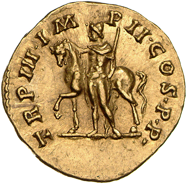 RIC III Marcus Aurelius 648 Marcus Aurelius reverse, Castor, nude, wearing cap and short cloak, standing left, holding hor...