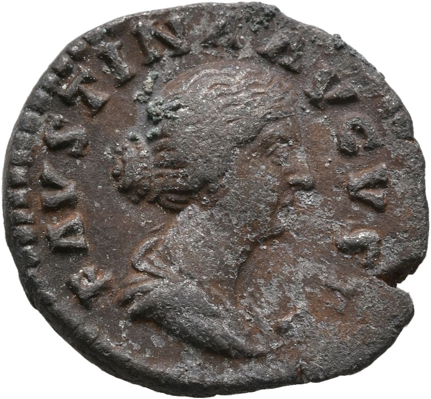 RIC III Marcus Aurelius 676 Marcus Aurelius obverse, Bust of Faustina the Younger, bare-headed, hair waved and fastened in...