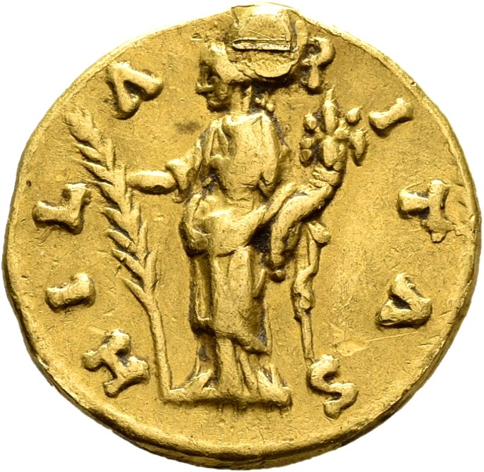 RIC III Marcus Aurelius 684 Marcus Aurelius reverse, Hilaritas, draped, standing left, holding long palm, nearly vertical,...