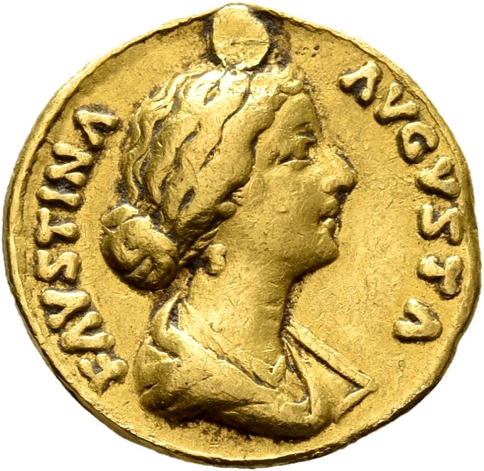 RIC III Marcus Aurelius 684 Marcus Aurelius obverse, Bust of Faustina the Younger, bare-headed, hair waved and fastened in...
