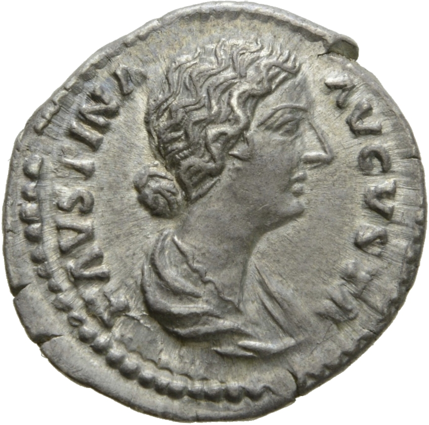 RIC III Marcus Aurelius 686 Marcus Aurelius obverse, Bust of Faustina the Younger, bare-headed, hair waved and fastened in...