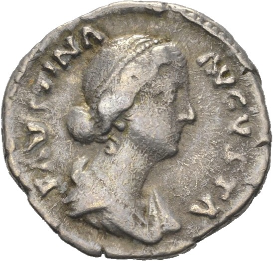 RIC III Marcus Aurelius 688 Marcus Aurelius obverse, Bust of Faustina the Younger, bare-headed, hair waved and fastened in...