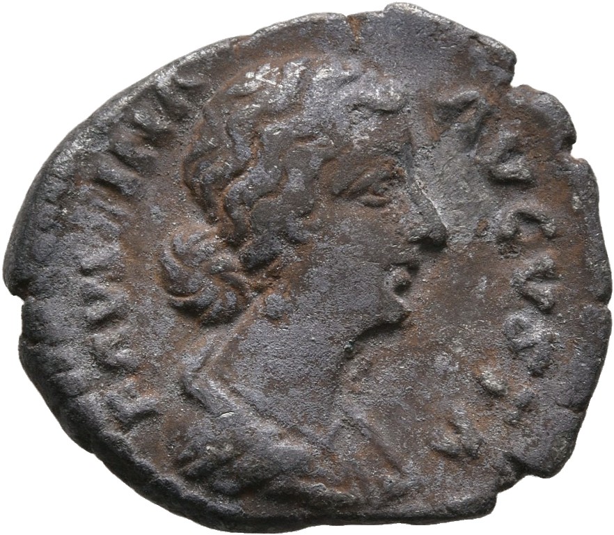 RIC III Marcus Aurelius 689 Marcus Aurelius obverse, Bust of Faustina the Younger, bare-headed, hair waved and fastened in...