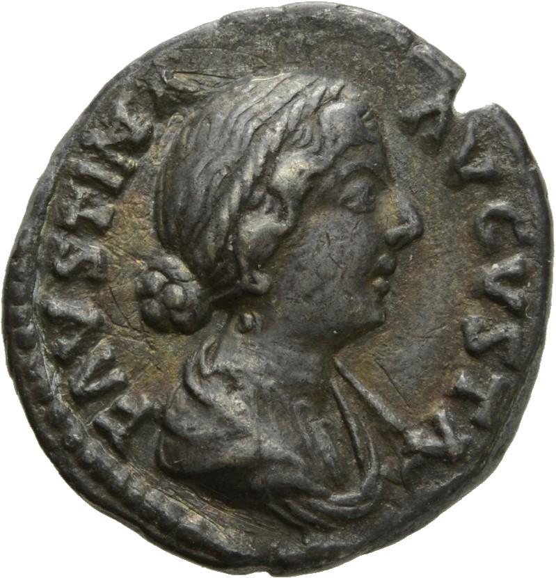 RIC III Marcus Aurelius 694 Marcus Aurelius obverse, Bust of Faustina the Younger, bare-headed, hair waved and fastened in...