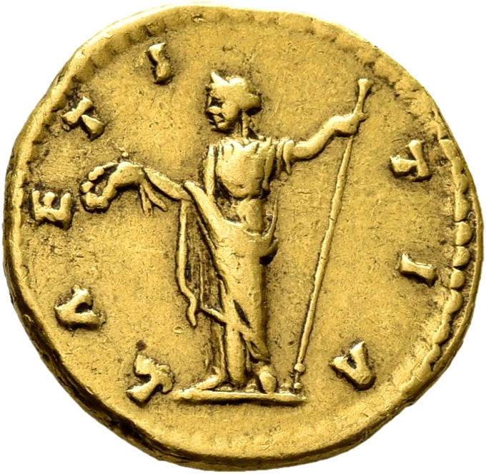 RIC III Marcus Aurelius 699 Marcus Aurelius reverse, Laetitia, draped, standing left, holding wreath in right hand and sce...