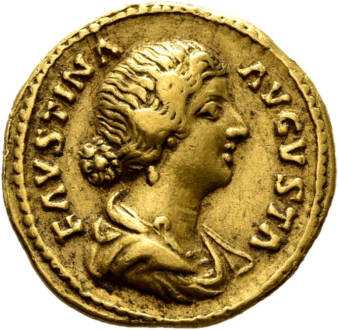 RIC III Marcus Aurelius 699 Marcus Aurelius obverse, Bust of Faustina the Younger, bare-headed, hair waved and fastened in...