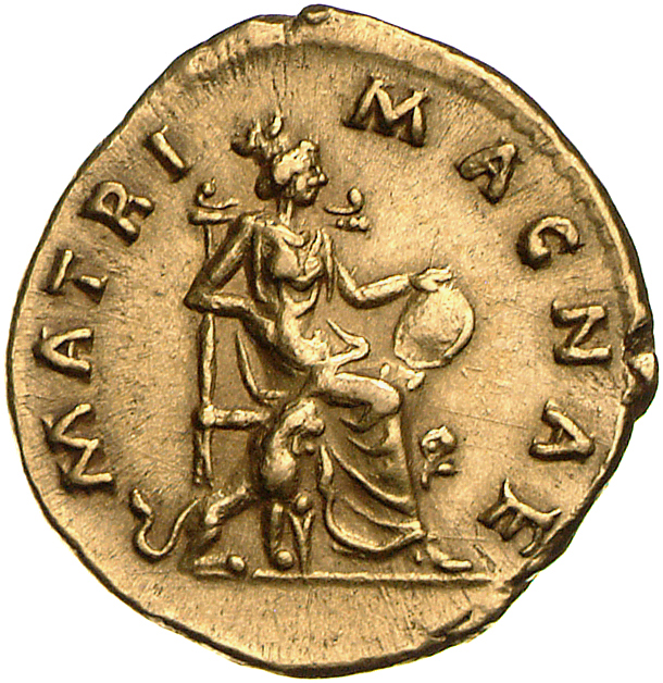 RIC III Marcus Aurelius 704 Marcus Aurelius reverse, Cybele, towered, draped, seated right on throne between two lions, ho...