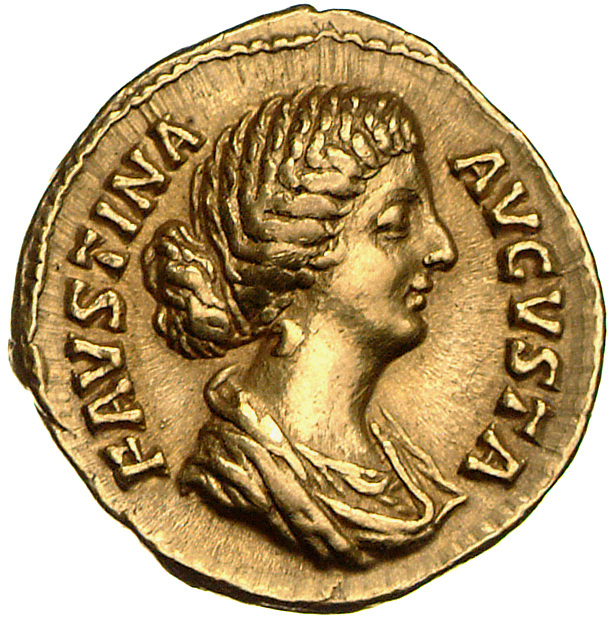 RIC III Marcus Aurelius 704 Marcus Aurelius obverse, Bust of Faustina the Younger, bare-headed, hair waved and fastened in...