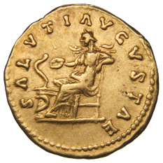 RIC III Marcus Aurelius 716 Marcus Aurelius reverse, Salus, draped, seated left on low seat, feeding from patera in right ...