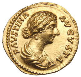 RIC III Marcus Aurelius 716 Marcus Aurelius obverse, Bust of Faustina the Younger, bare-headed, hair waved and fastened in...