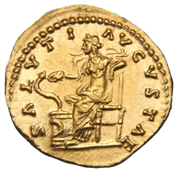 RIC III Marcus Aurelius 716 Marcus Aurelius reverse, Salus, draped, seated left on low seat, feeding from patera in right ...