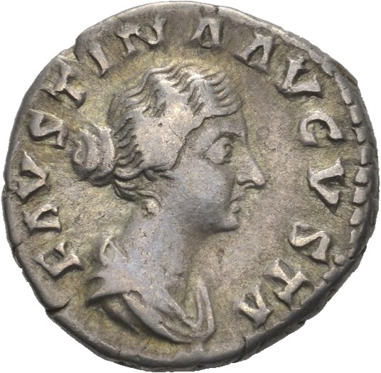 RIC III Marcus Aurelius 719 Marcus Aurelius obverse, Bust of Faustina the Younger, bare-headed, hair waved and fastened in...