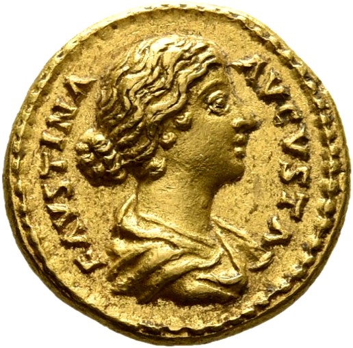 RIC III Marcus Aurelius 725 Marcus Aurelius obverse, Bust of Faustina the Younger, bare-headed, hair waved and fastened in...