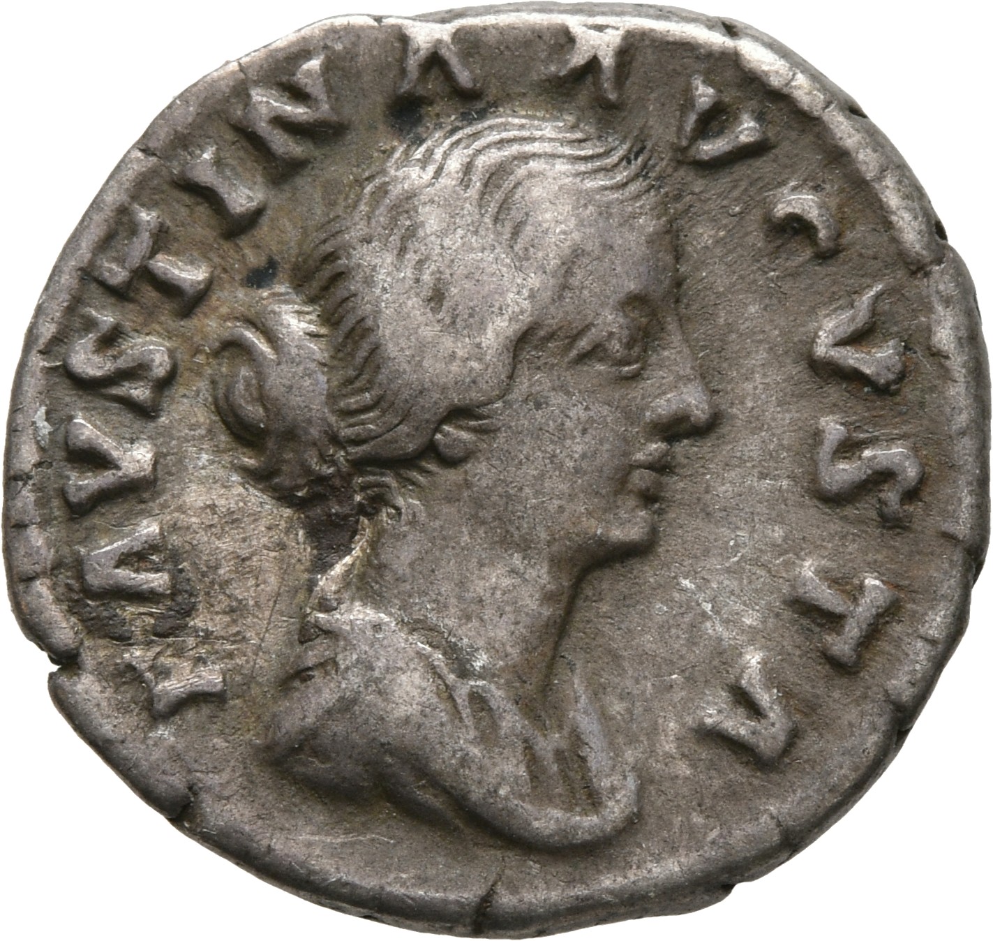 RIC III Marcus Aurelius 730 Marcus Aurelius obverse, Bust of Faustina the Younger, bare-headed, hair waved and fastened in...
