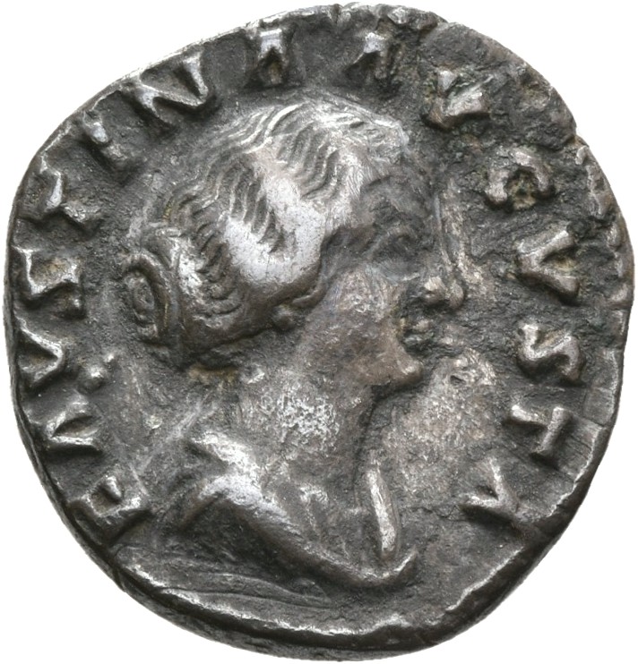 RIC III Marcus Aurelius 730 Marcus Aurelius obverse, Bust of Faustina the Younger, bare-headed, hair waved and fastened in...