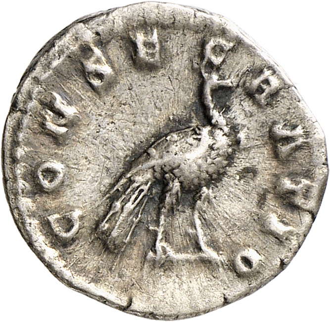 RIC III Marcus Aurelius 744 Marcus Aurelius reverse, Peacock, head turned left, standing right