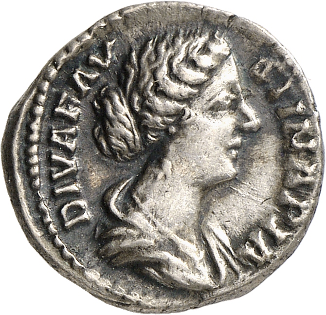 RIC III Marcus Aurelius 744 Marcus Aurelius obverse, Bust of Diva Faustina the Younger, hair waved and fastened in a bun o...