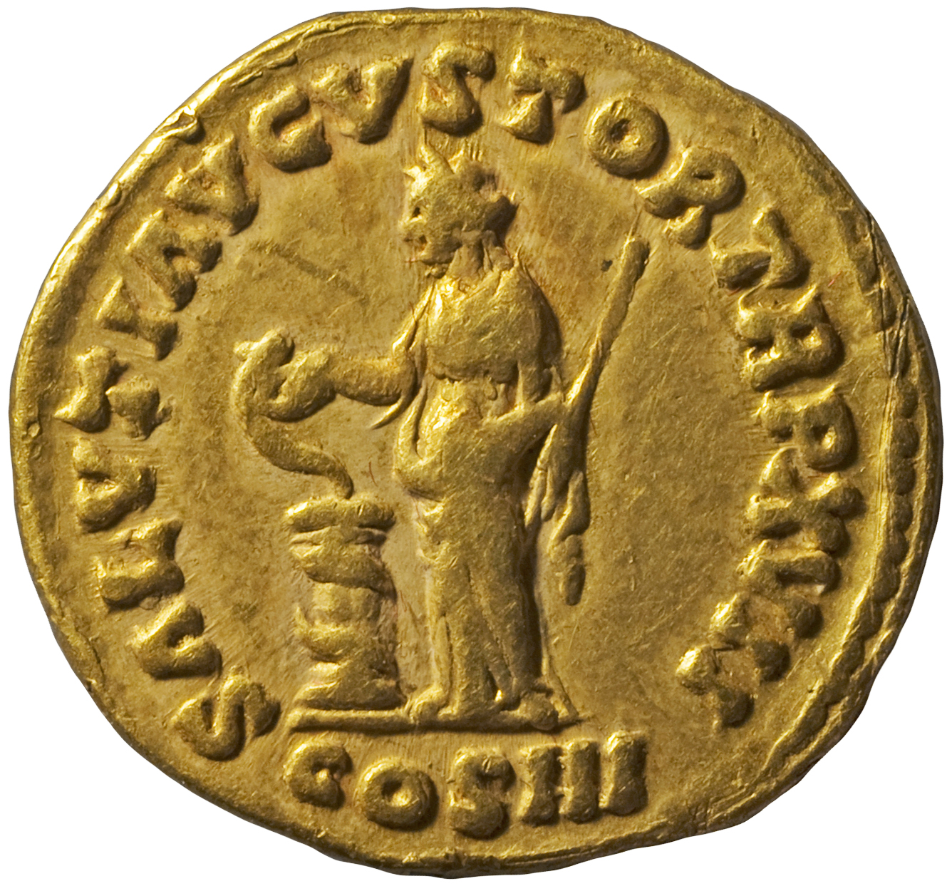 RIC III Marcus Aurelius 75 Marcus Aurelius reverse, Salus, draped, standing left, feeding out of patera in right hand snak...