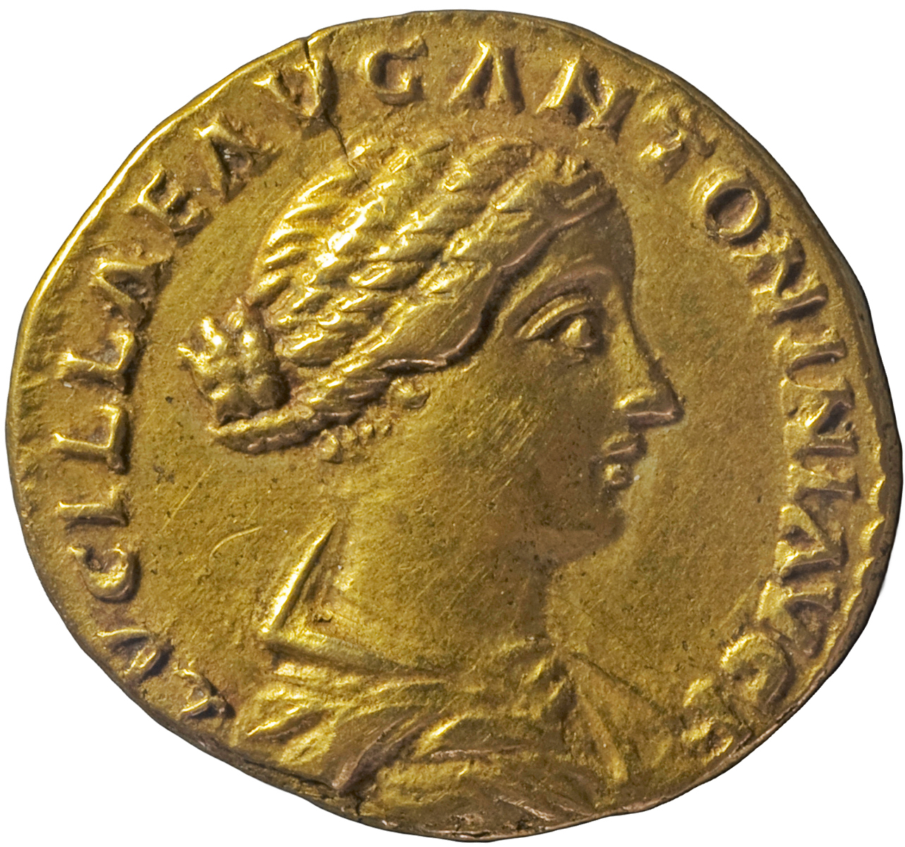 RIC III Marcus Aurelius 783 Marcus Aurelius obverse, Bust of Lucilla, bare-headed, hair waved and fastened in a bun on bac...