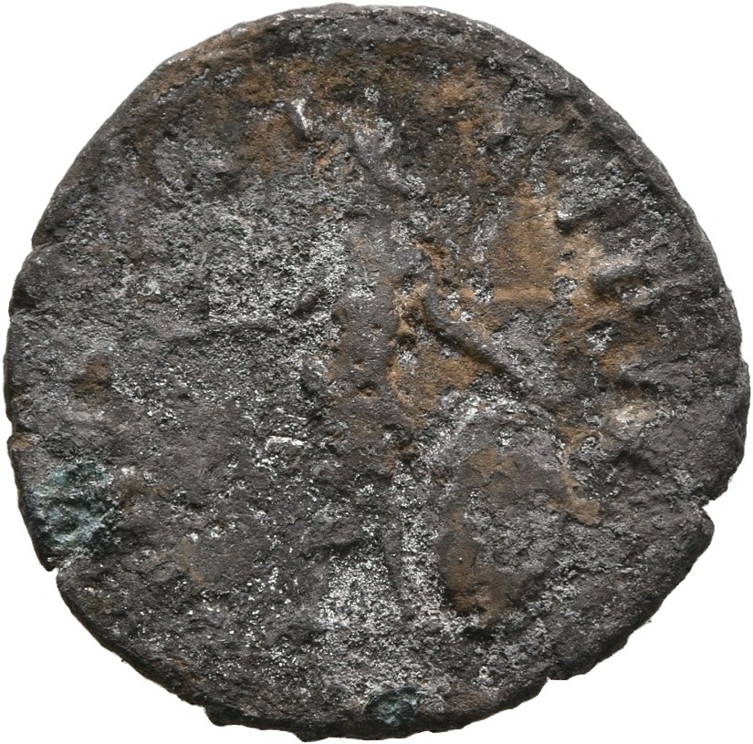 Marcus Aurelius reverse — Venus, draped with right breast bare, standing left, holding Victory in extended right hand and resting left hand on shield set on ground