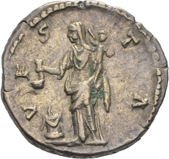 RIC III Marcus Aurelius 788 Marcus Aurelius reverse, Vesta, veiled, standing left next to a decorated and lighted altar, h...