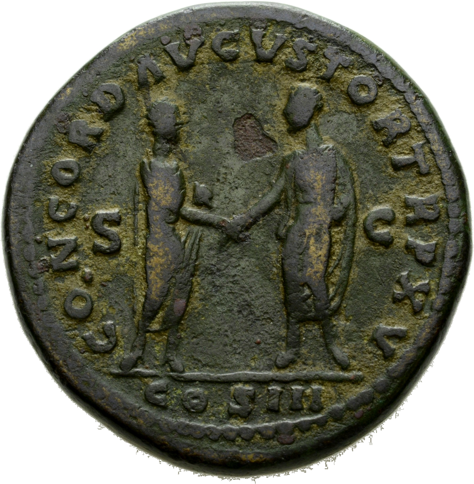 RIC III Marcus Aurelius 796 Marcus Aurelius reverse, Marcus Aurelius and Lucius Verus, togate, standing left and right, fa...