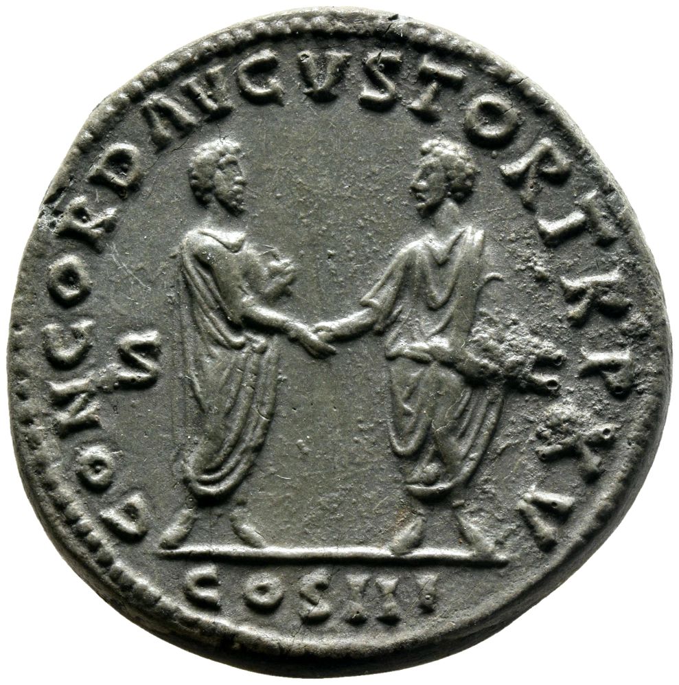 RIC III Marcus Aurelius 796 Marcus Aurelius reverse, Marcus Aurelius and Lucius Verus, togate, standing left and right, fa...