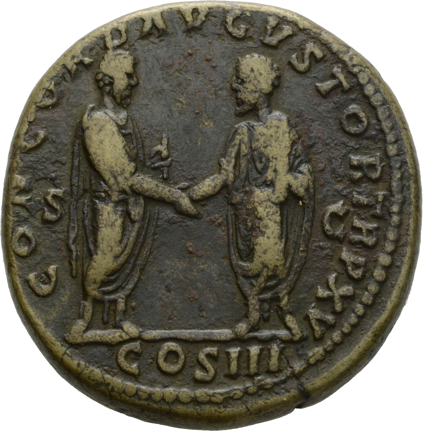 RIC III Marcus Aurelius 797 Marcus Aurelius reverse, Marcus Aurelius and Lucius Verus, togate, standing left and right, fa...