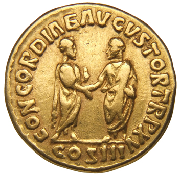 RIC III Marcus Aurelius 8 Marcus Aurelius reverse, Marcus Aurelius and Lucius Verus standing left and right, facing each o...