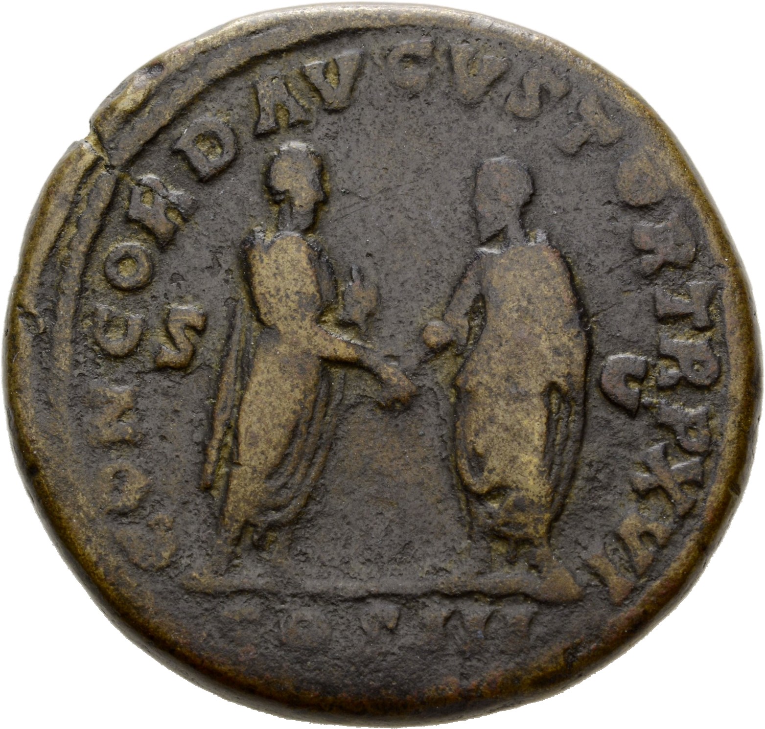 RIC III Marcus Aurelius 826 Marcus Aurelius reverse, Marcus Aurelius and Lucius Verus, togate, standing left and right, fa...