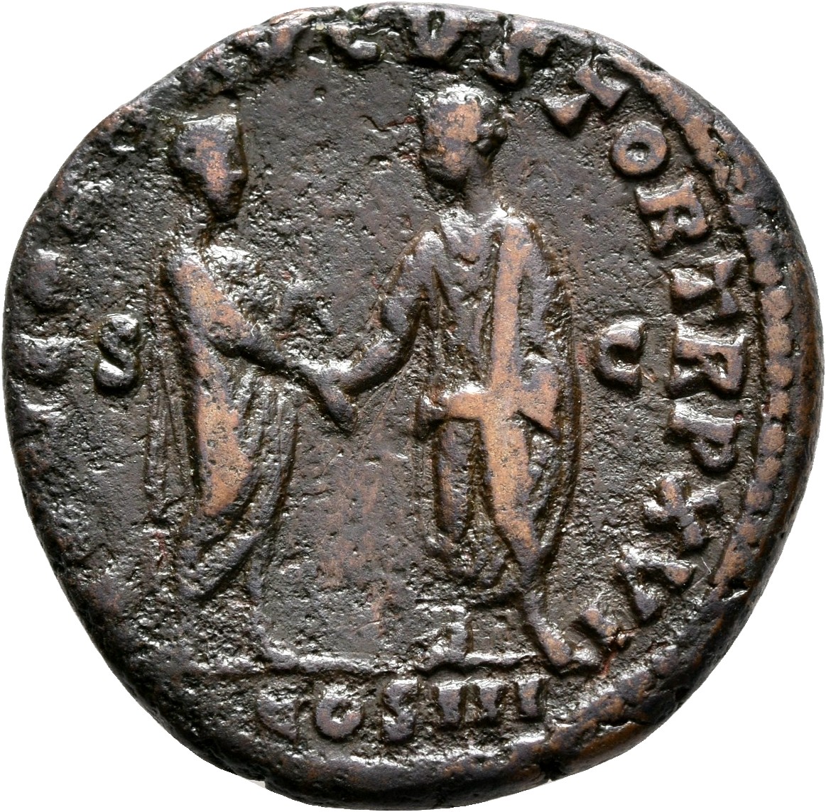 RIC III Marcus Aurelius 831 Marcus Aurelius reverse, Marcus Aurelius and Lucius Verus, togate, standing left and right, fa...