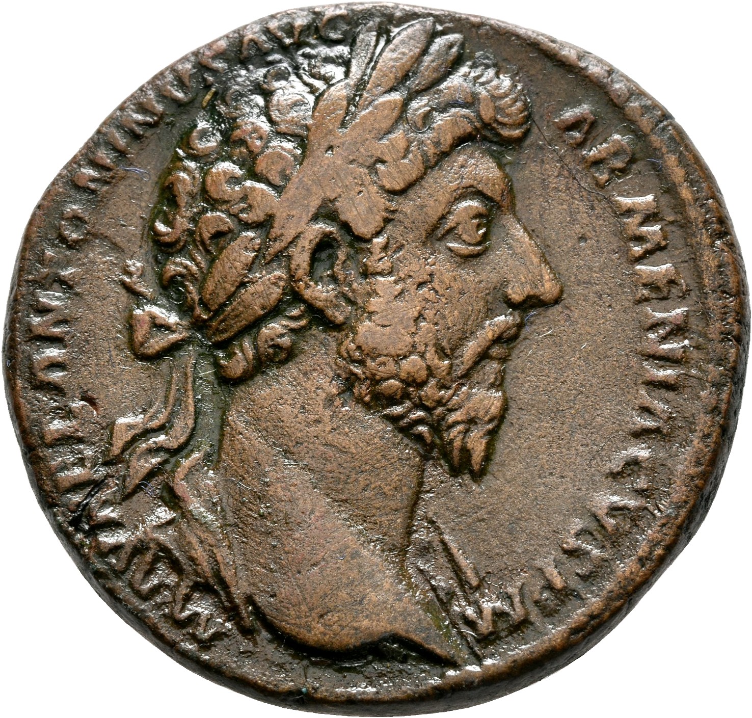 RIC III Marcus Aurelius 862 Marcus Aurelius obverse, Bust of Marcus Aurelius, laureate, drapery on left shoulder, right