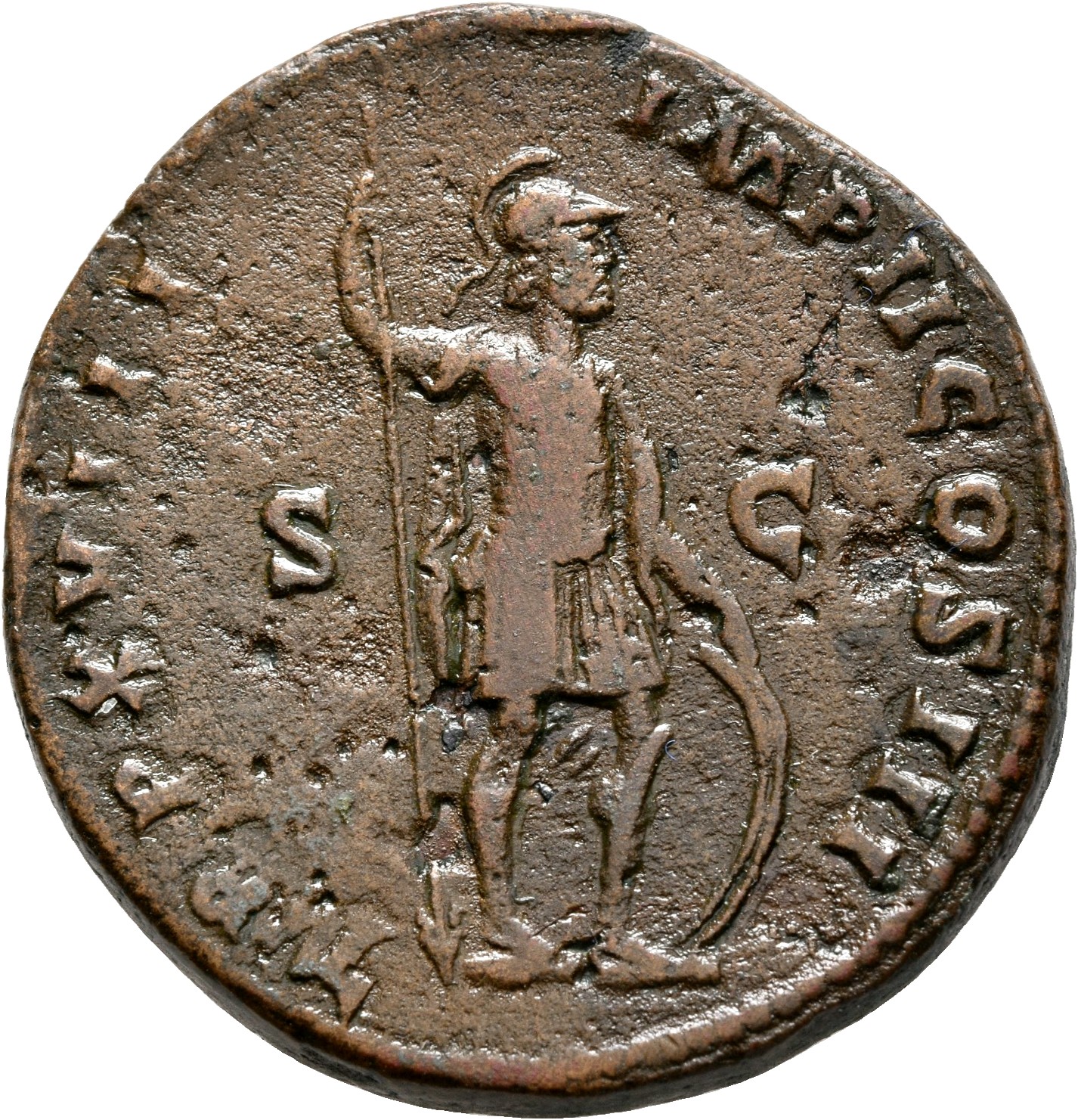 RIC III Marcus Aurelius 862 Marcus Aurelius reverse, Mars, helmeted, in military dress, standing right, holding vertical s...