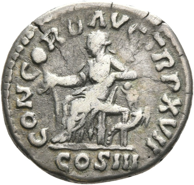 RIC III Marcus Aurelius 87 Marcus Aurelius reverse, Concordia, draped, seated left on low seat, holding patera in extended...