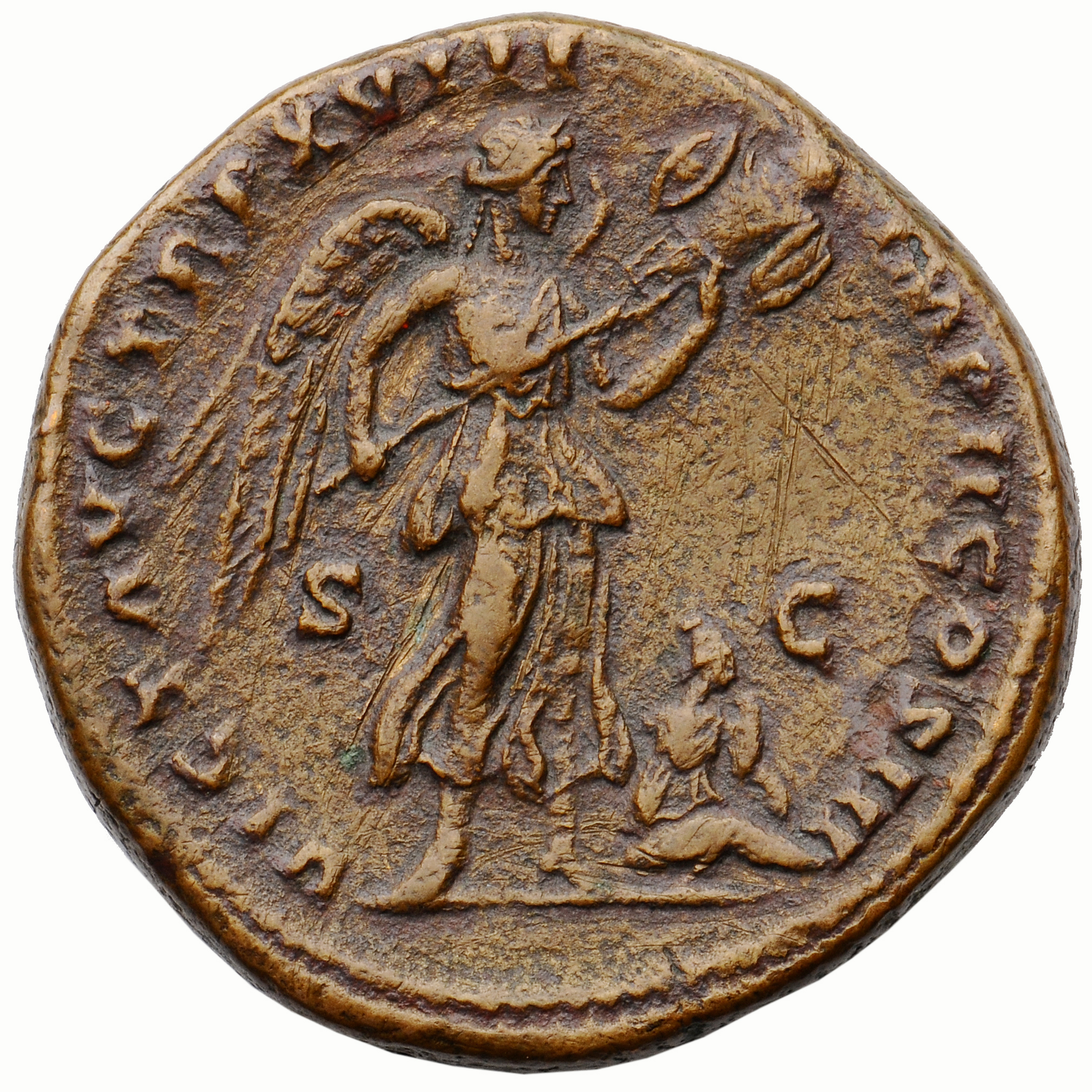 RIC III Marcus Aurelius 890 Marcus Aurelius reverse, Victory, winged, draped, standing right, holding transverse trophy in...