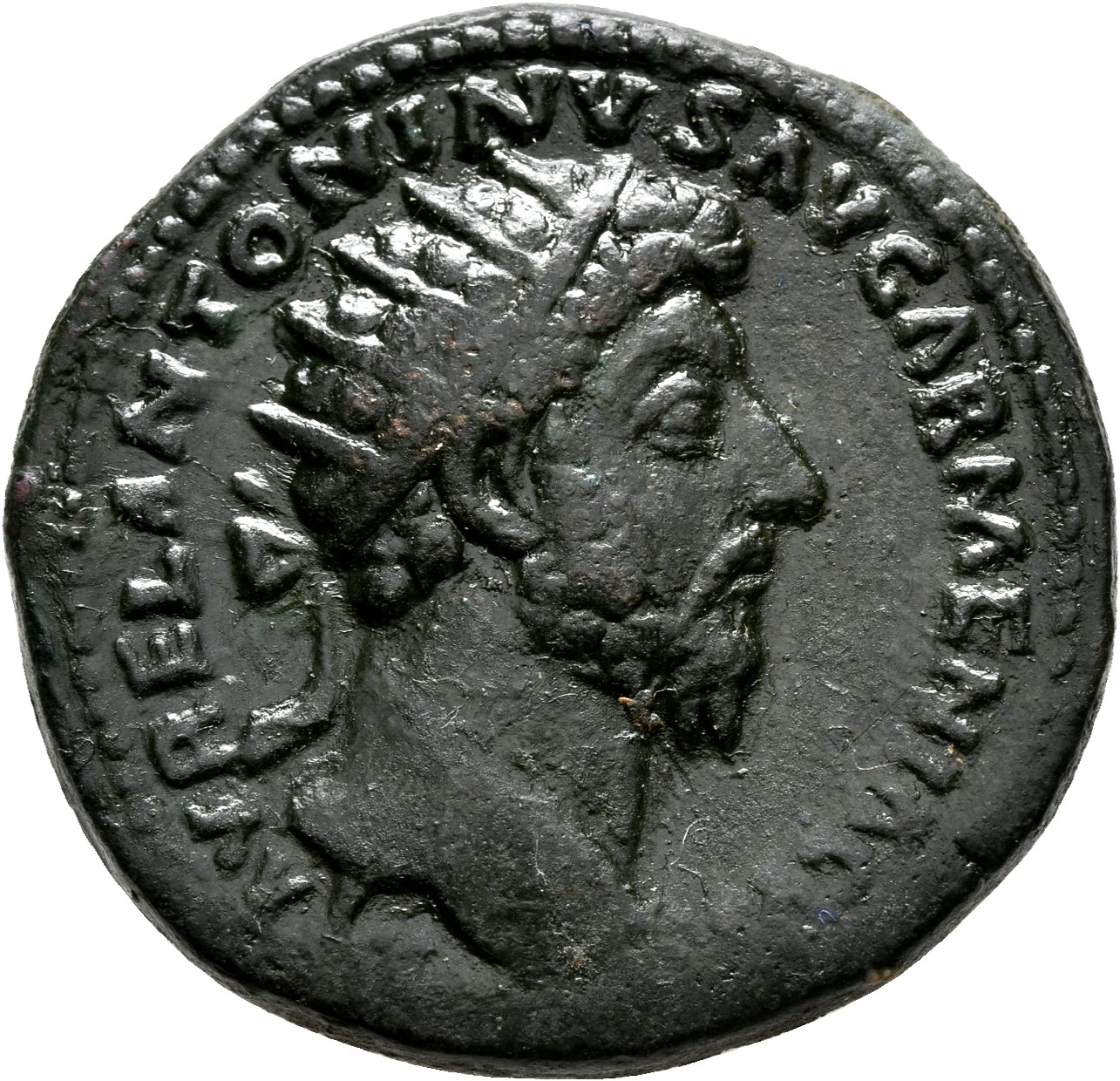 RIC III Marcus Aurelius 900 Marcus Aurelius obverse, Head of Marcus Aurelius, radiate, right