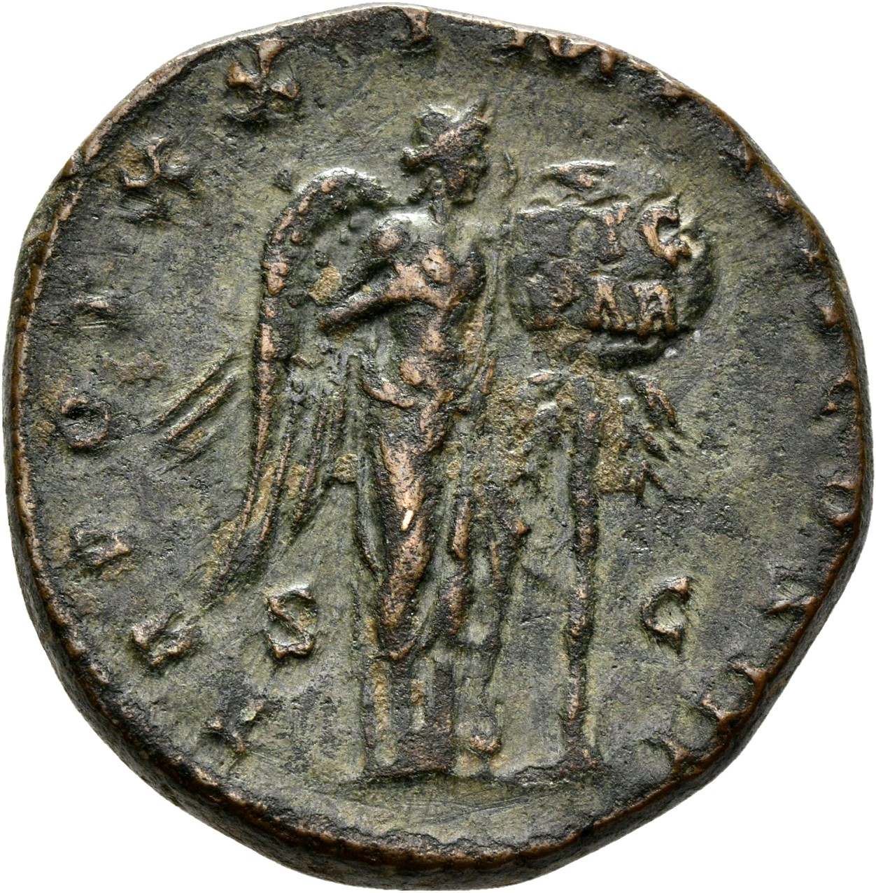 RIC III Marcus Aurelius 931 Marcus Aurelius reverse, Victory, winged, naked to waist, standing front, head right, holding ...