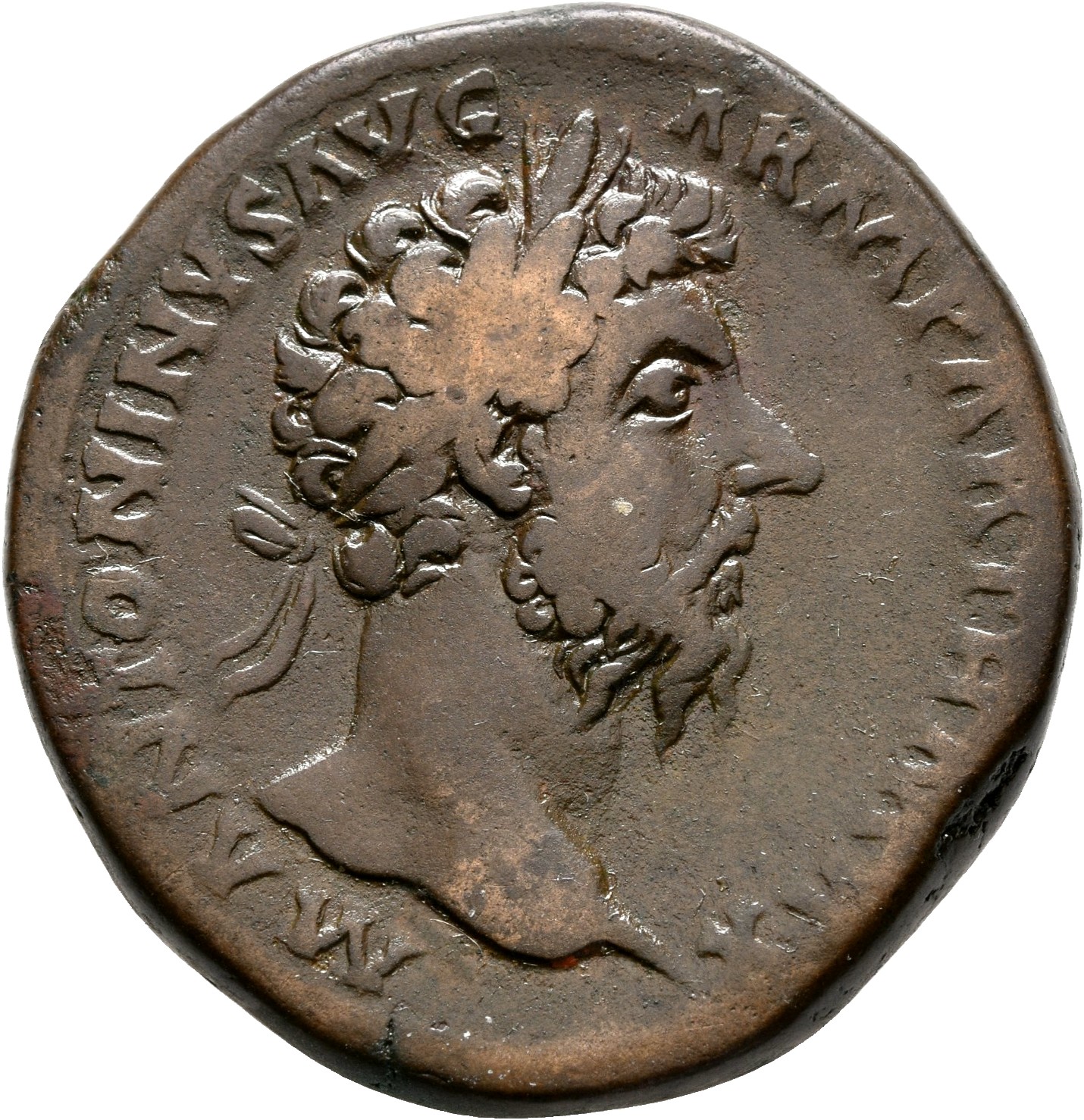 RIC III Marcus Aurelius 962 Marcus Aurelius obverse, Head of Marcus Aurelius, laureate, right