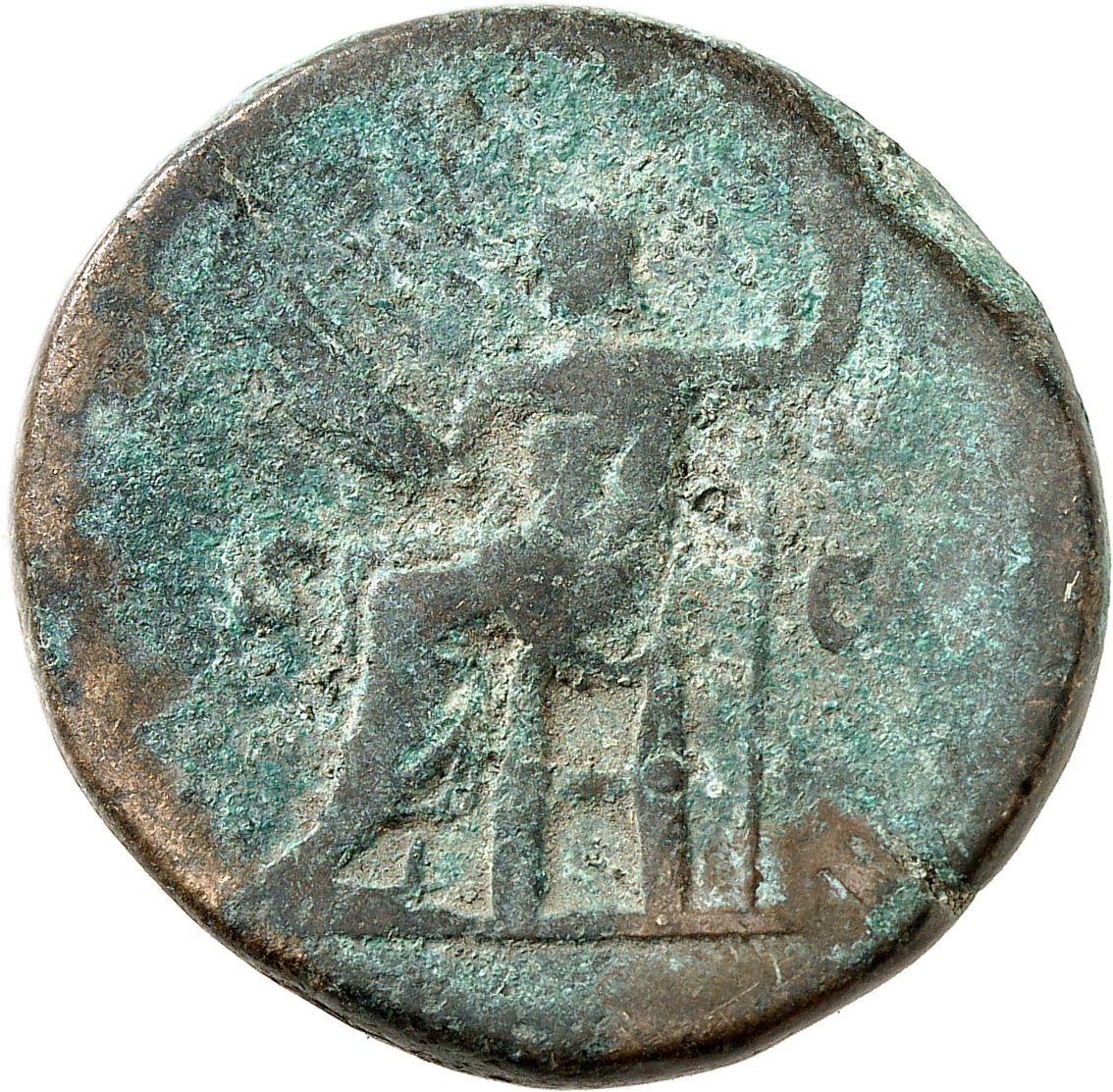 RIC III Marcus Aurelius 989 Marcus Aurelius reverse, Jupiter, naked to waist, seated left on low seat, holding thunderbolt...