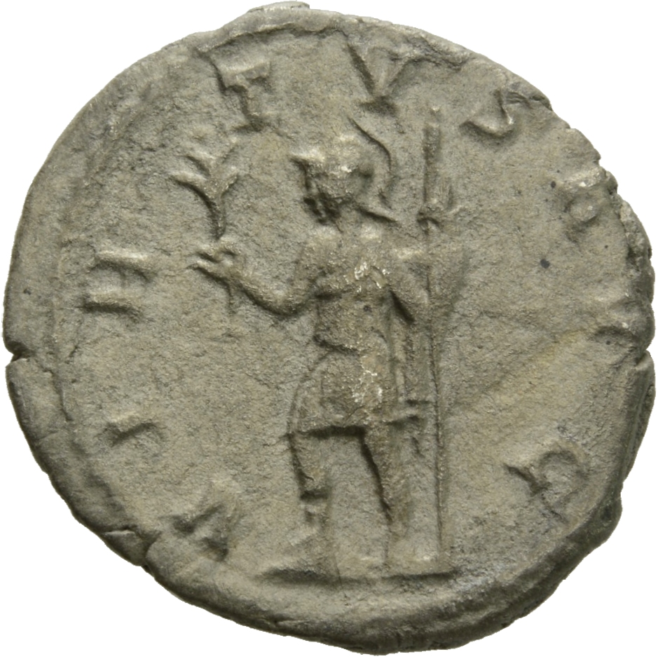 RIC IV Aemilian 12 Aemilian reverse, Virtus, helmeted, in military attire, standing left, right foot on helmet, holding br...