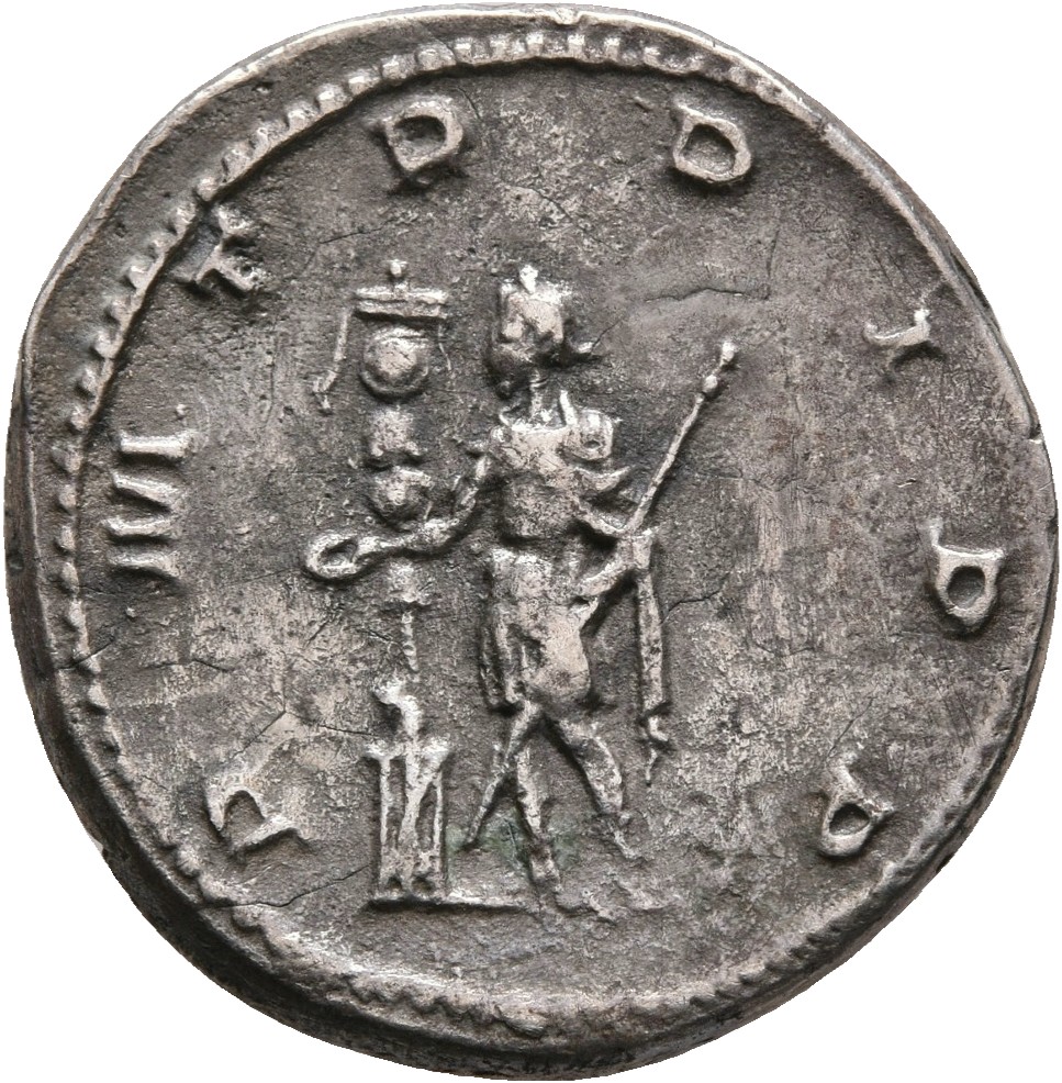 RIC IV Aemilian 18 Aemilian reverse — Aemilian, in military attire, standing left, sacrificing out of patera held in right...
