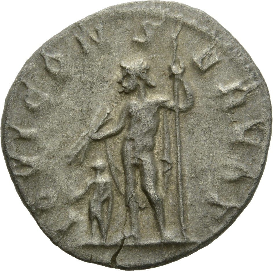 RIC IV Aemilian 4 Aemilian reverse, Jupiter, nude except for cloak on shoulders, standing left, extending right hand and h...