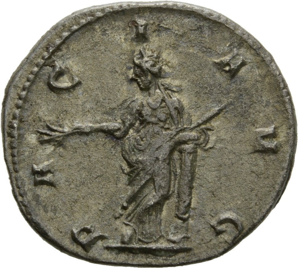 RIC IV Aemilian 8 Aemilian reverse, Pax, draped, standing left, legs crossed, leaning on column, holding branch in right h...