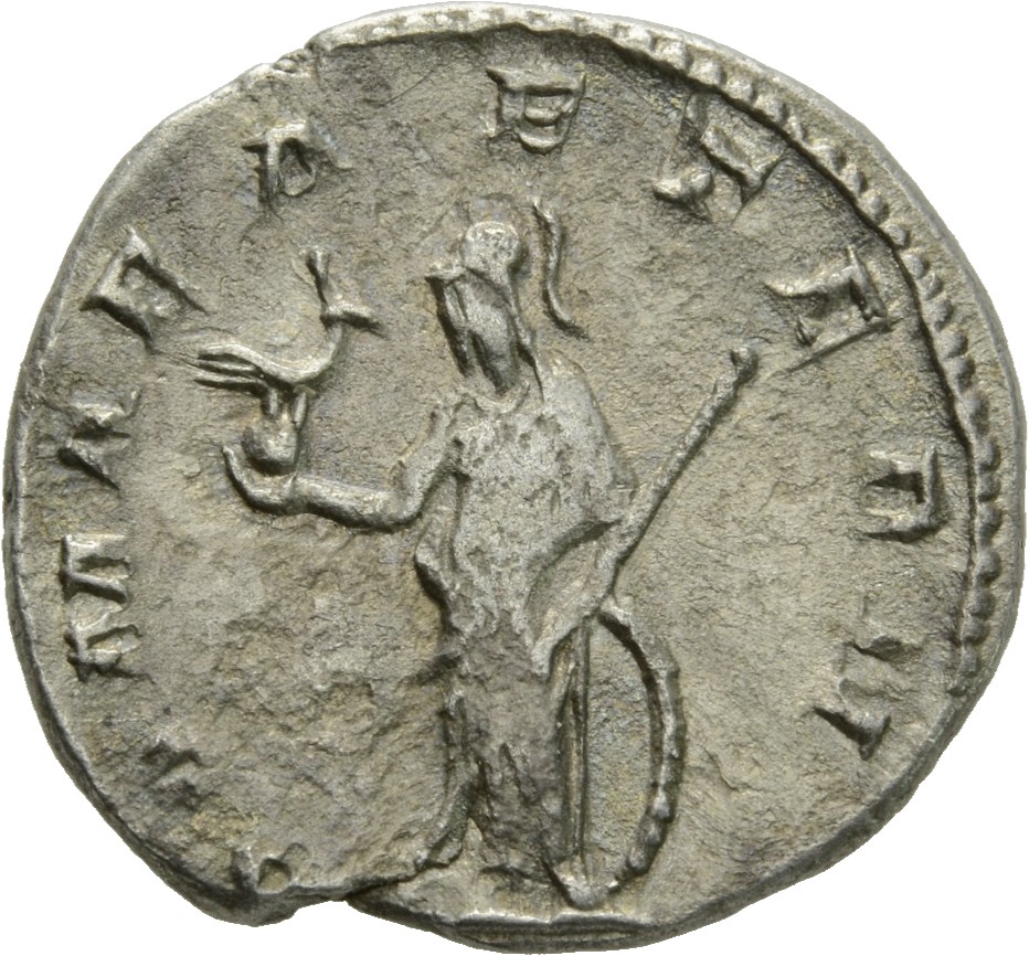 RIC IV Aemilian 9 Aemilian reverse, Roma, helmeted, draped, standing left, holding phoenix on globe in right hand and spea...