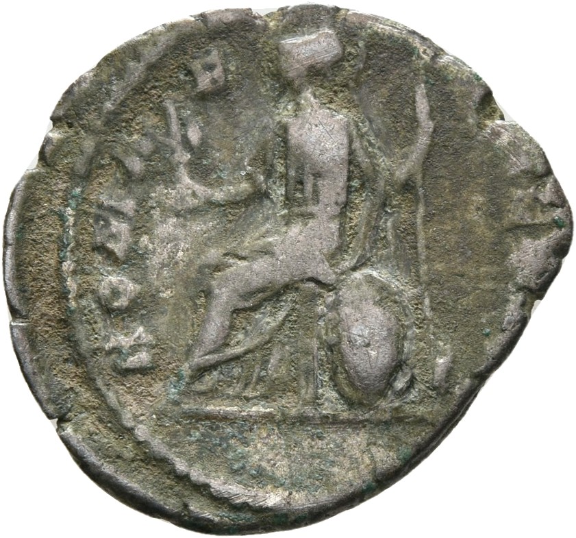 RIC IV Clodius Albinus 11B Clodius Albinus reverse, Roma, helmeted, draped, seated left on shield, holding palladium in ou...