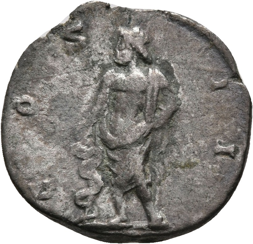 RIC IV Clodius Albinus 2 Clodius Albinus reverse — Aesculapius, naked to waist, standing left, offering patera (or cake?) ...