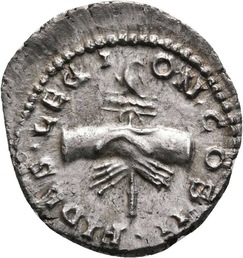RIC IV Clodius Albinus 20B Clodius Albinus reverse — Clasped right hands, holding legion eagle