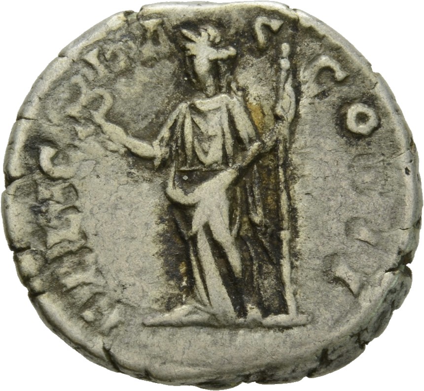 RIC IV Clodius Albinus 4 Clodius Albinus reverse, Felicitas, draped, standing left, holding caduceus in right hand and sce...